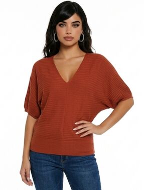 Tahari Burnt Orange V-neck Ribbed Knit Dolman Sleeve Sweater Size SP